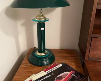 Green UFO desk lamp, Vintage car brochures