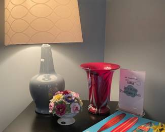 Hand Blown Art Glass Vase,  table lamp,  Aynsley bone china flowers