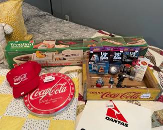 Coca-Cola 100th Anniversary Wall Thermometer,  Qantas Service Desk Sign, Vtg. Coca-Cola Wood Crate,  Mattel Vertibird Rescue Ship, Lost in Space toys

