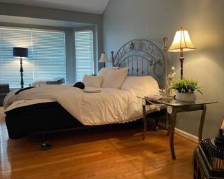 Silver metal bench, Lladro Nuns 4611 Figure, Metal and glass side table,  Aynsley bone china flowers, Sealy king size mattress, Silver metal king size headboard