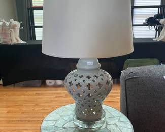 Pier-1 Imports stone top side table, Quatrefoil ceramic lamp
