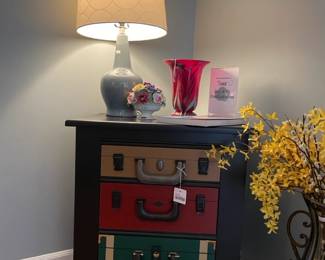 Suitcase Dresser, table lamp,  Aynsley bone china flowers