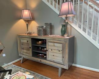 Vintage style entertainment console table, Mille Miglia Desk Racer, Wrapped wire candle holders, table lamps