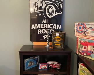 Woodward Avenue Retro Style Sign, Vtg. Sunoco Motor Oil Can, Evel Knievel Chopper,  Vintage gas masks, Schuco Studio Toy Mercedes,  Apollo Space Linkup Toy Kit