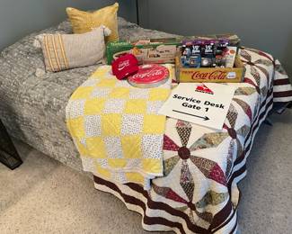 Throw pillows,  Quilt, Full size Serta mattress and box spring, Coca-Cola 100th Anniversary Wall Thermometer,  Qantas Service Desk Sign, Vtg. Coca-Cola Wood Crate,  Mattel Vertibird Rescue Ship, Lost in Space toys

