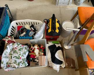 Holiday decorations, misc items, tool bag