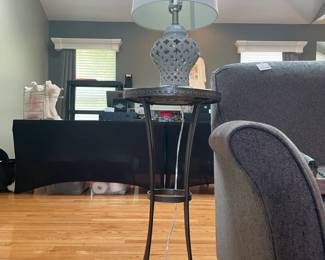 Pier-1 Imports stone top side table, Quatrefoil ceramic lamp