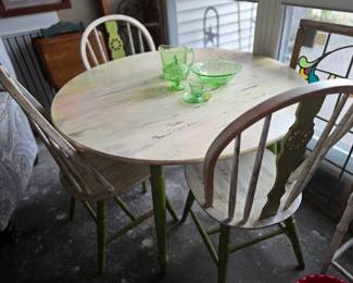 White Washed White and Green Kitchen Table with 3 Chairs