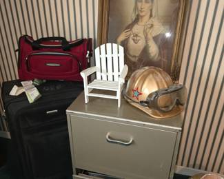 2 Drawer File Cabinet  - Luggage - Hard Hat - Religious Picture