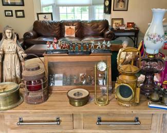 Beautiful Purple Oil Lamp - Railroad Lanterns - Antique Toy Soldiers - Brass Nautical Clock - Brass Binnaculors 