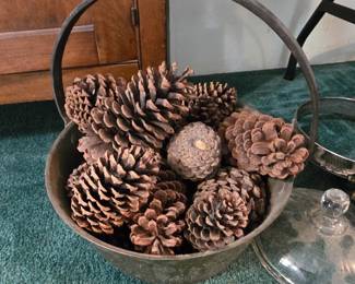 Antique Brass Bucket Full of Pine Cones
