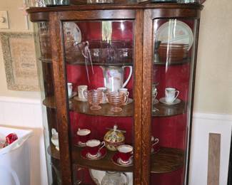 Antique Oak Display Cabinet with Wooden Shelves - Antique Jars - Pink Depression Glass - Chocolate Set - Love the Wedding Pitcher and Glasses on Bottom Shelf!