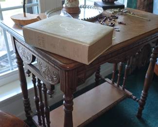 Antique Oak Side Table - Large Holy Bible - Religious Figurines 
