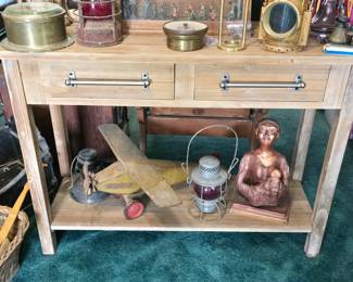 Sofa Table with 2 Drawers - Antique Metal Toy Airplane - Mother and Child Figurine- 2 Railroad Lanterns