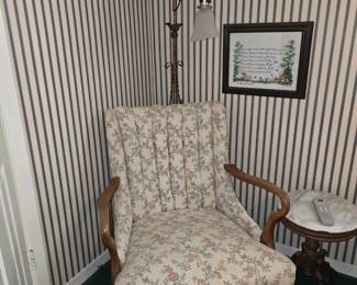 Antique Side Chair - Brass Floor Lamp - Small Round Marble Top Table 
