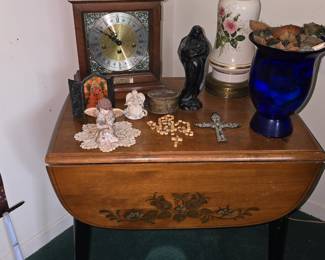 Antique Drop Leaf Side Table- Lamp - Figurines  - Clock #1