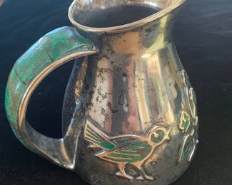 Los Castillo Taxco vintage malachite silver plate 206 bird pitcher