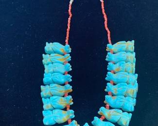 Turquoise and coral bear necklace, maker unknown