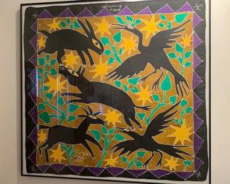 Haitian hand-painted silk scarf, framed