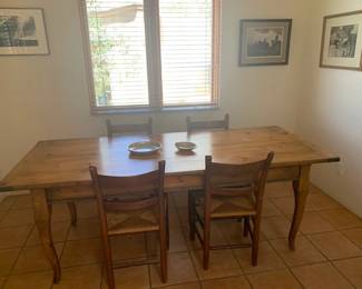 Dining table and vintage rush seat chairs