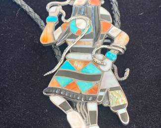 Zuni sterling, turquoise, jet, spiny coral and MOP bolo in the style of Leo Poblano
