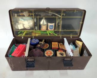 Black Powder Supplies, Includes Brass Powder Flask In Leather Holder, Flask Spouts, Caps, Wads, Cleaning Supplies, And More, In MTM Case