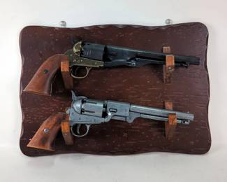 Denix-BKA 218 Replica Colt Army 1860 Revolver, And BKA 98 Replica Colt 1851 Navy, Both Non-Firing, On Wood Display Rack