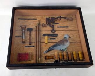 Display Box With Vintage Shotgun Supplies, Includes Crimpers, Caper, Decaper, Rod, Primers, Empty Hulls, And More