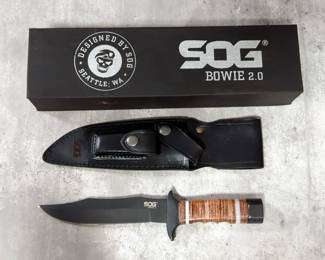 SOG Bowie 2.0 Fixed Blade Knife, 6.5" Blade, With Leather Sheath And Whetstone, In Storage Box