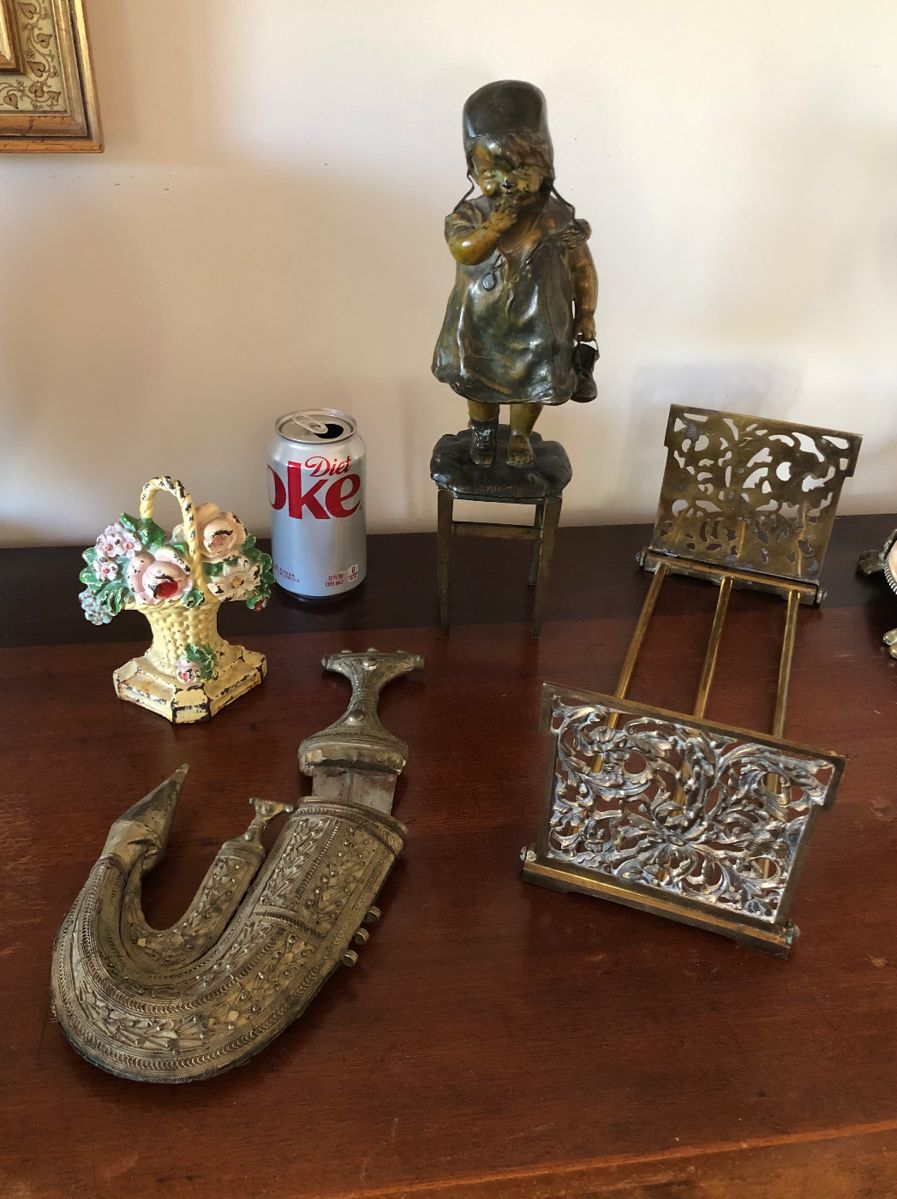 Ornamental dagger & sheath from Yemen, Hubley #8 cast iron flower basket door stop, cast bronze statue of girl on stool (after Juan Clara), old telescoping brass book stand