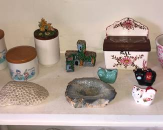 Sango ceramic canisters, piece of coral, Brazilian salt box, Bennington Pottery pink agate (spongeware) bowl