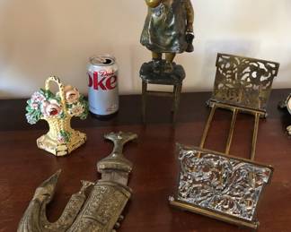 Ornamental dagger & sheath from Yemen, Hubley #8 cast iron flower basket door stop, cast bronze statue of girl on stool (after Juan Clara), old telescoping brass book stand