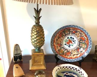 Gesso pineapple lamp, Taktell Piccolo windup metronome, Blues Bender harmonica, Japanese bowls