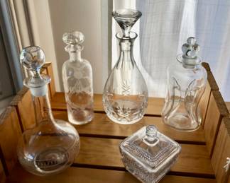 Etched glass & cut crystal decanters, old barber “cologne” bottle, Holmegaard Kluk Kluk pinched glass decanter