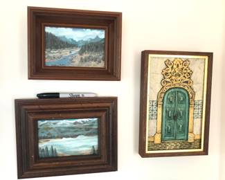 2 small landscape paintings by Constance Cozzens Milton, 1971 textured painting of door in Rio (de Janeiro) - Sharpie for scale