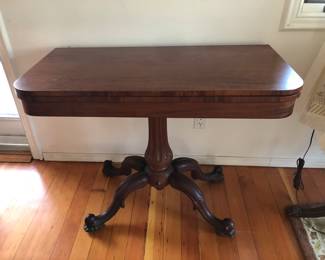 Antique mahogany game table - top is hinged & flips open & spins to double size of table (as shown: 39”L, 19”D, 29”H)