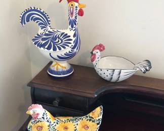 Ceramic rooster & chickens - big one is from Portugal, small white one is from Italy