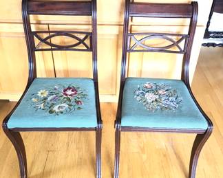 Pair of vintage mahogany dining chairs with green needlepoint seats