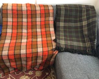 Orange & brown wool throe (60” x 66”), old wool car blanket with fringe (60” x 76”)