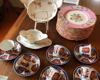 Haviland Limoges platters & gravy boat, 12 Spode China Rose plates, Japanese cup & saucer set