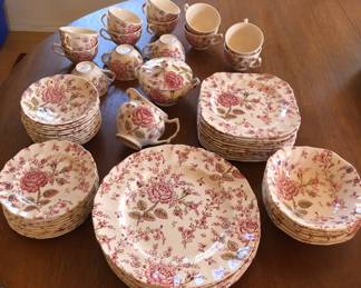 Johnson Bros. “Rose Chintz” china - 64 pieces (includes 8 dinner plates, 6 bowls, 11 square salad plates, 11 bread plates, 12 cups & saucers)