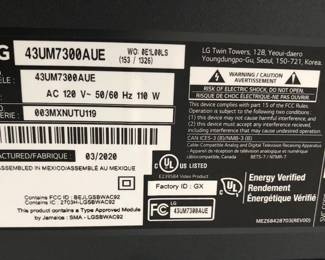 Label on back of LG 43” TV