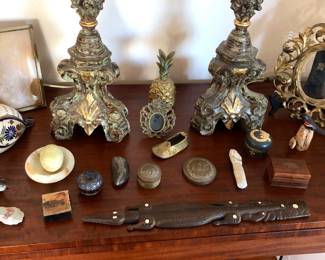 Knick knacks from all over the world: Mexican pottery bird, boxes from India, carved wooden crocodile from New Zealand + more
