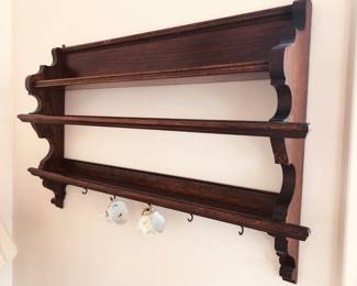 Antique oak wall shelf with grooves for plates (36”L, 21”H, 3.5”D)