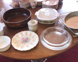 Corning Ware, Pyrex pie pans & lasagna pan, wooden salad bowl, butter bell, cake pans, deviled egg plate