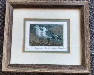 Small etching of “Herring Gulls” by California artist Janet Edwards, image 2” x 3”, framed 6” x 7”.