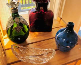 Green glass decanter with pewter overlay (Denmark), purple Blenko water jug, blue Japanese vase w/ airbrush flowers