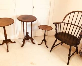 Assorted vintage mahogany tables + Windsor chair (far left table is a tilt top)