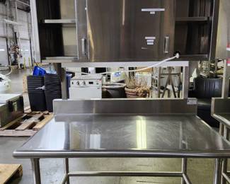 Stainless Steel Table With Double Door Overhead Cabinet