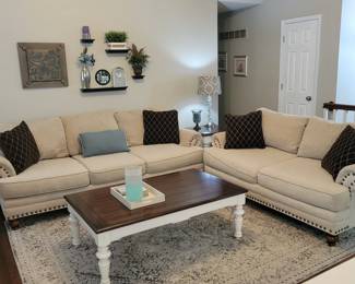 Sofa and loveseat with metal nailheads, coffee table